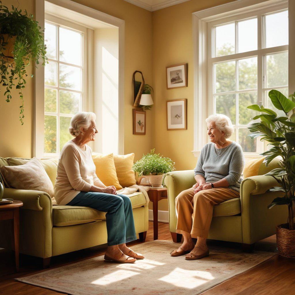 A warm and inviting scene showcasing a caring caregiver interacting with a joyful elderly person in a cozy, sunlit living room. The setting includes comfortable furniture, plants, and family pictures on the walls, capturing a sense of home and compassion. Soft smiles and gestures of kindness highlight the bond. The atmosphere is filled with warmth and positivity. super-realistic. vibrant colors. sunlight filtering through the window.
