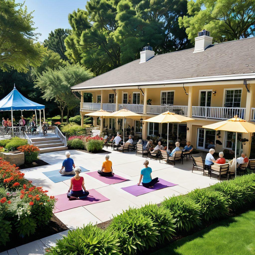 A serene, beautifully designed senior living community with lush gardens and walking paths, showcasing diverse seniors engaged in various wellness activities like yoga, gardening, and socializing. Bright, sunny atmosphere with vibrant colors enhancing the joyful ambiance. Incorporate elements of personalized health like nutrition workshops and fitness classes. super-realistic. vibrant colors. peaceful background.