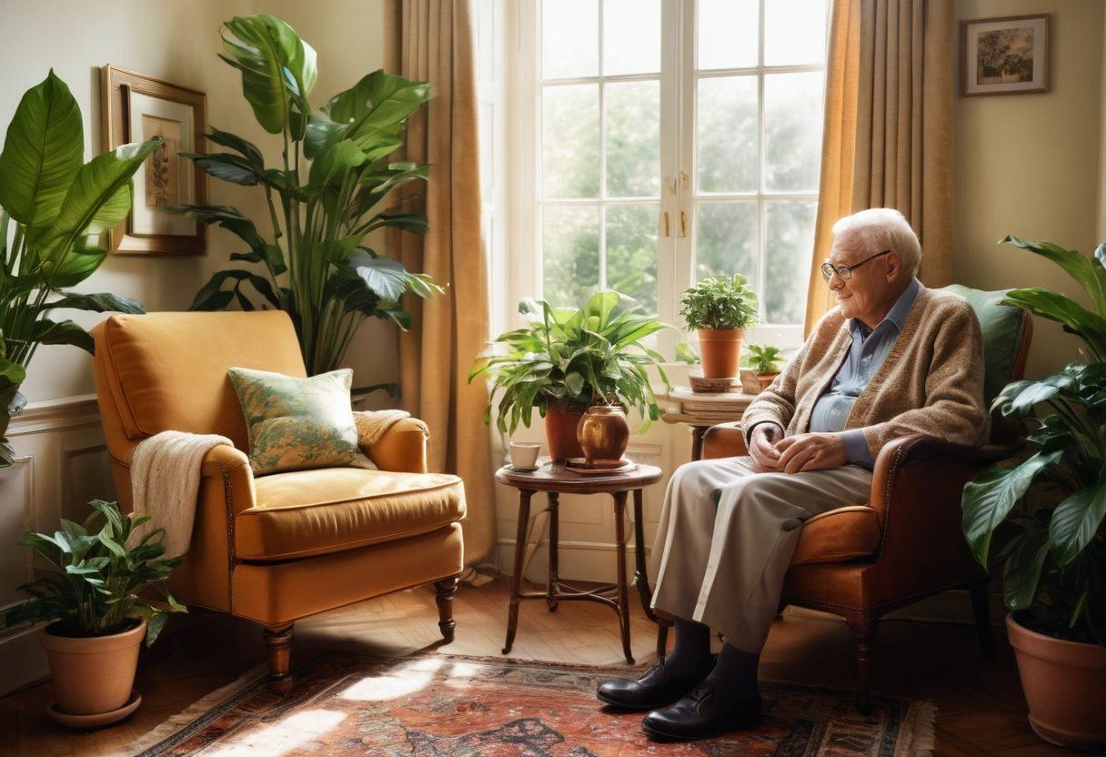 An elegant, sunlit room with a wise elderly couple sharing a heartfelt moment, surrounded by personalized care items like personalized photo albums and warm tea. Lush houseplants in the background symbolize growth and vitality, while a cozy armchair invites comfort. Soft, warm colors evoke a sense of peace and charm. super-realistic. warm tones.
